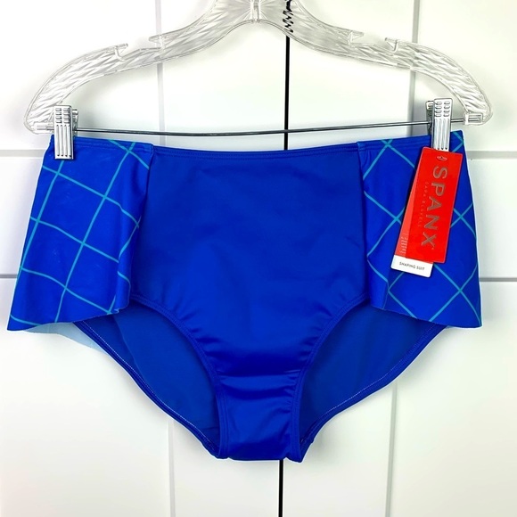 NWT Spanx Size 12 Flirty Skirted Swim Bottom Electric Blue Geo Bikini Suit - Picture 1 of 9
